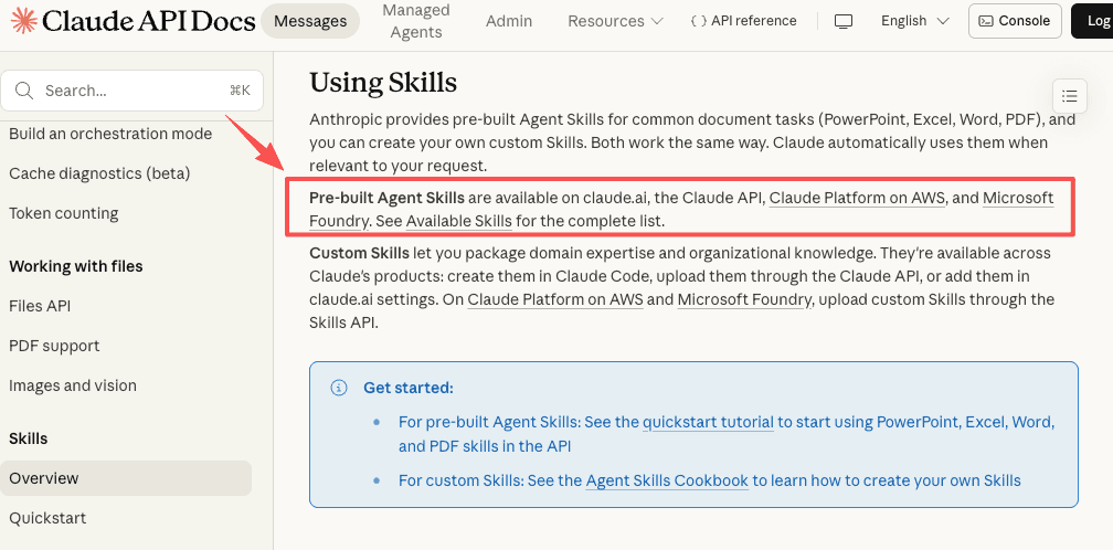 Claude docs showing pre-built Agent Skills available across claude.ai, the Claude API, AWS, and Microsoft Foundry