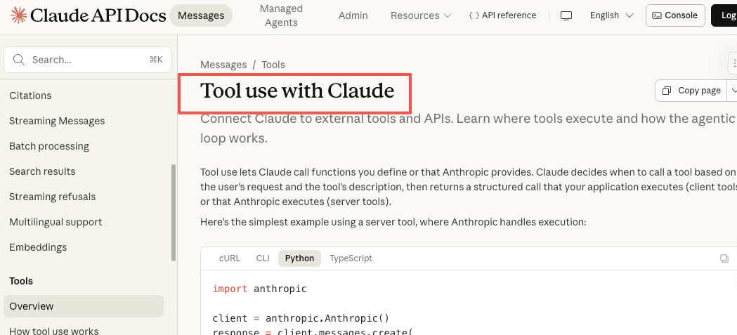 Claude API documentation on tool use, where Claude calls functions and external APIs