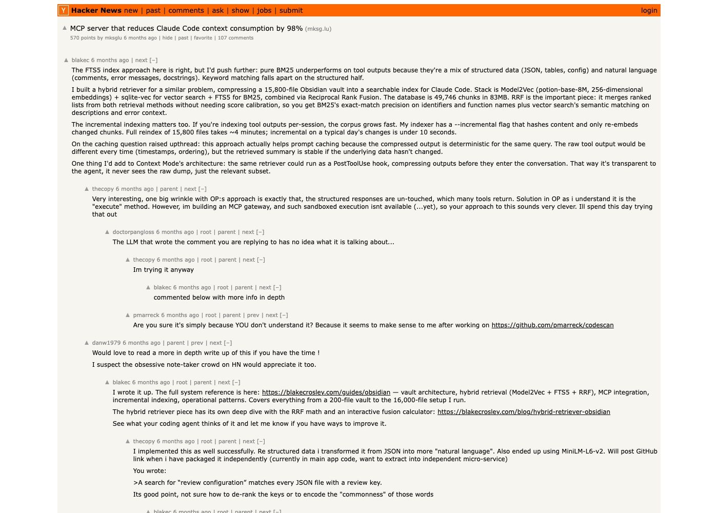 The Hacker News thread for context-mode: "MCP server that reduces Claude Code context consumption by 98%", 570 points and 107 comments, submitted by mksglu.