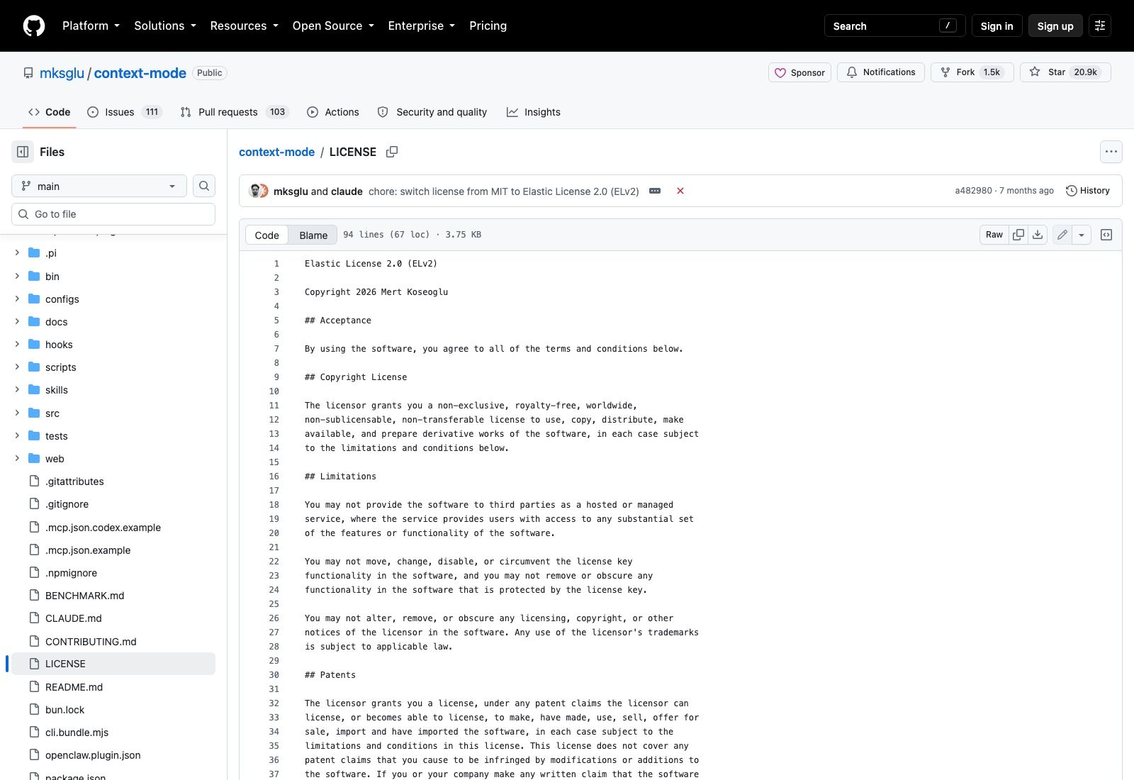 The context-mode LICENSE file on GitHub. The blame line reads "chore: switch license from MIT to Elastic License 2.0 (ELv2)", and the body opens with the ELv2 Limitations clause.
