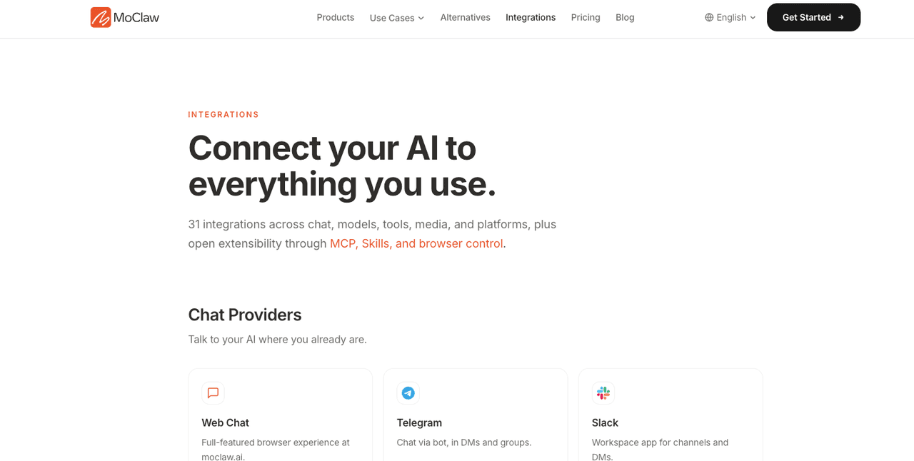 MoClaw Integrations page, Connect your AI to everything you use, listing chat providers Web Chat, Telegram, and Slack