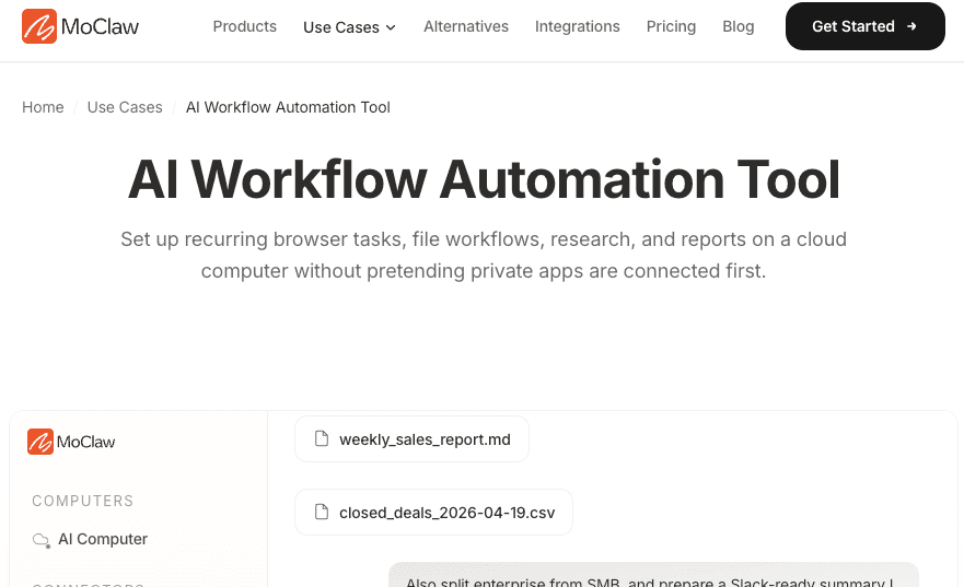 MoClaw AI Workflow Automation Tool page showing recurring browser tasks, file workflows, research, and reports on a cloud computer