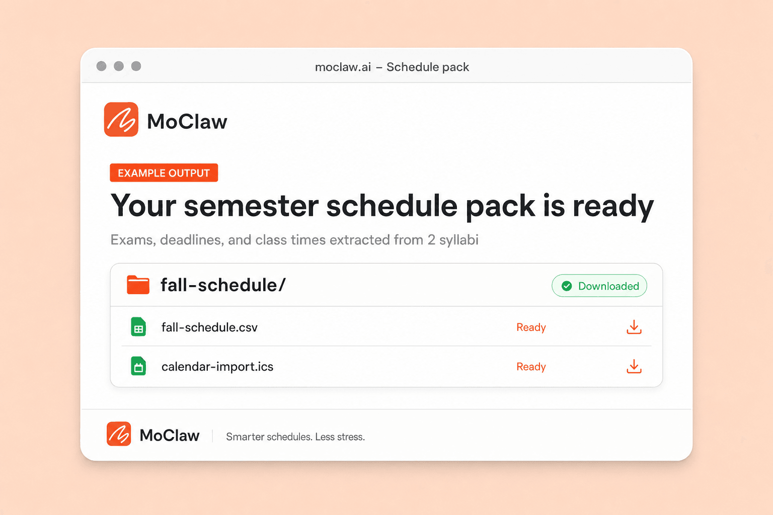 Delivered semester schedule pack with CSV and calendar import files ready to download
