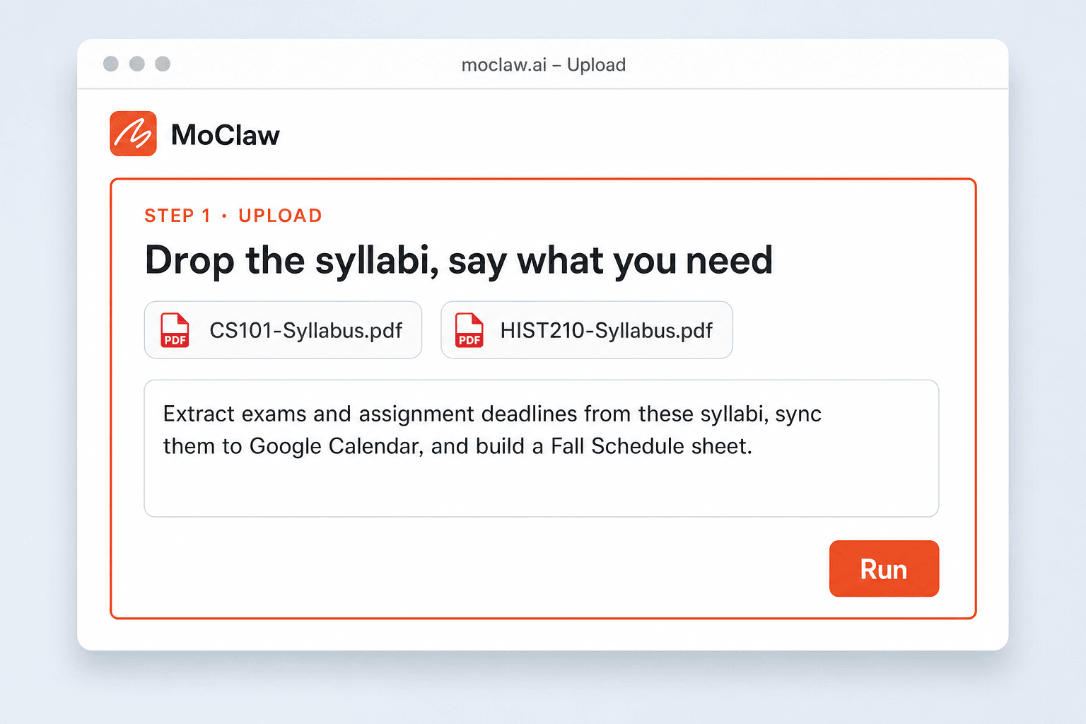Step 1: upload syllabi and describe schedule needs