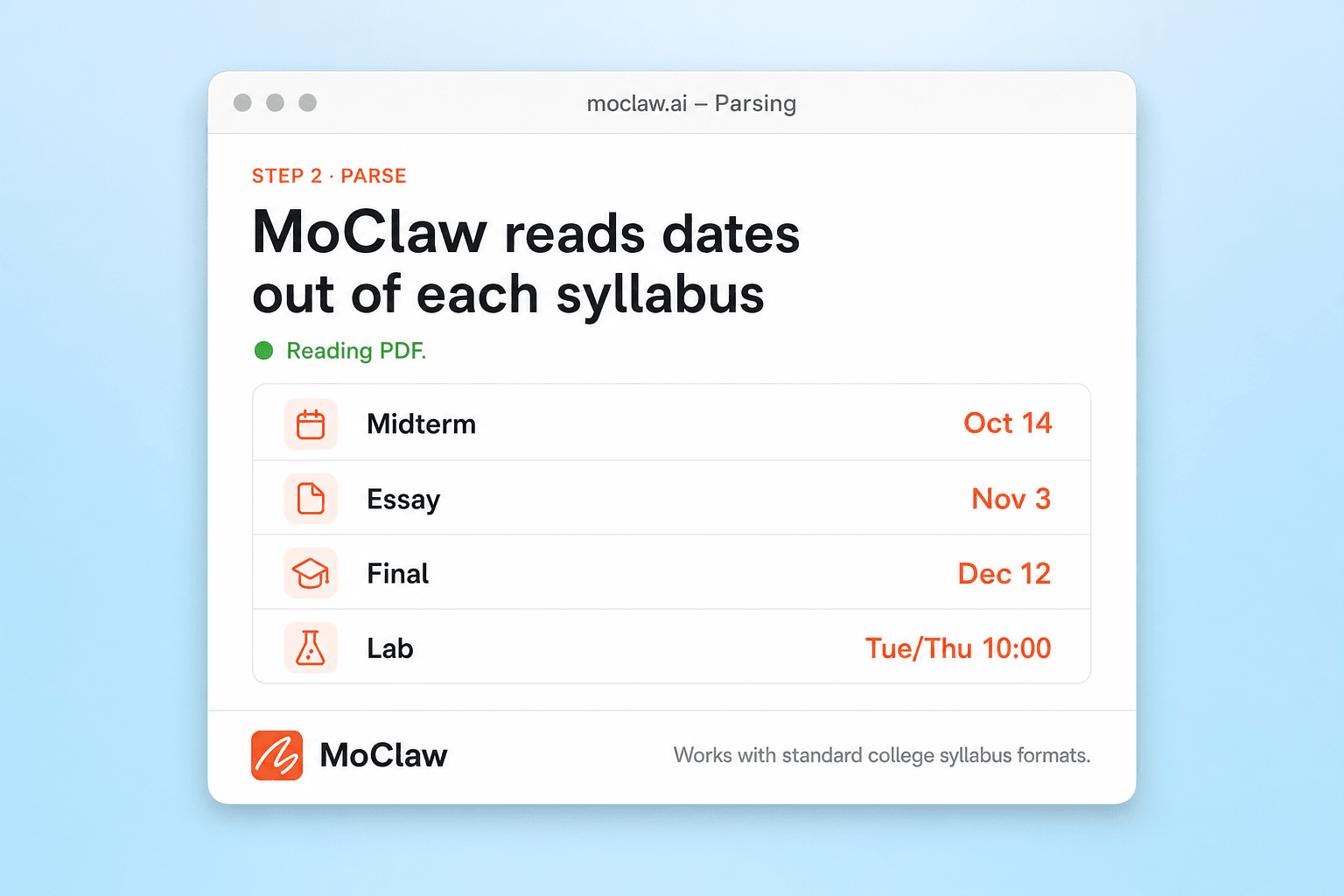 Step 2: MoClaw extracting dates from syllabus PDFs