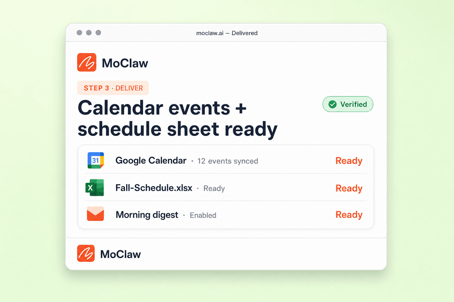 Step 3: calendar events and schedule sheet delivered
