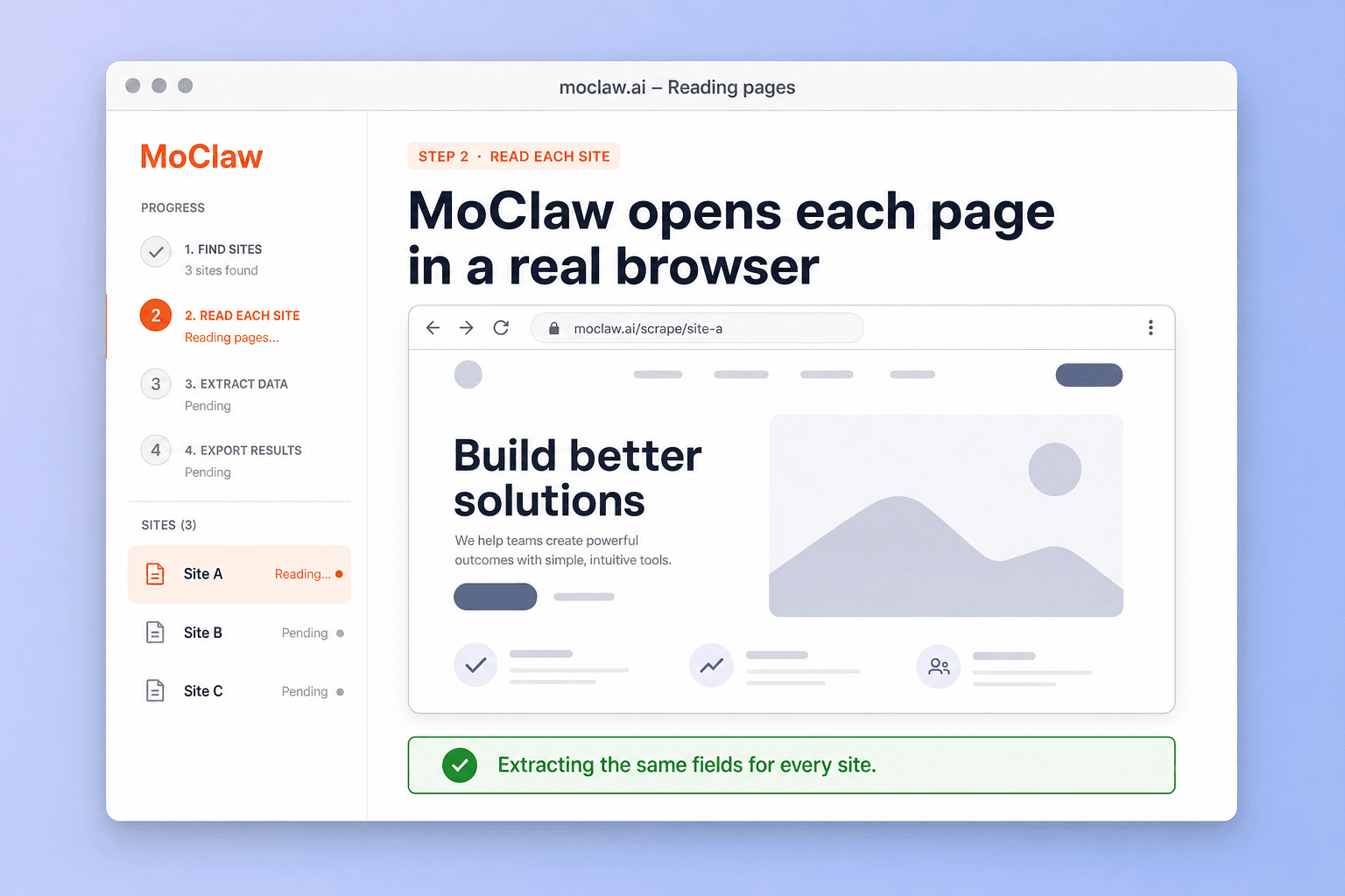 Step 2: Zentor (formerly MoClaw) reading competitor pages in a browser and extracting fields