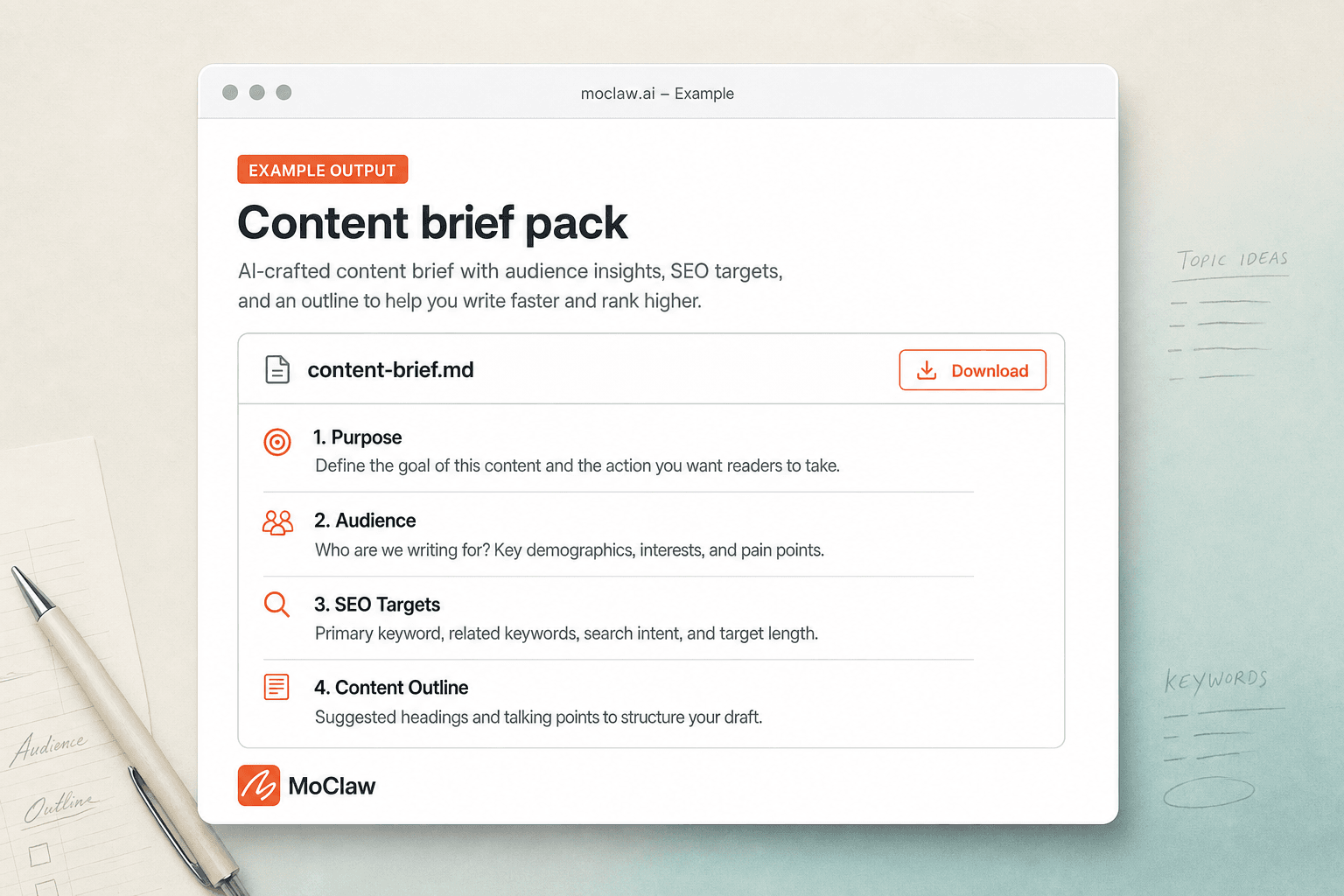 Example content brief output with intent and H2 outline
