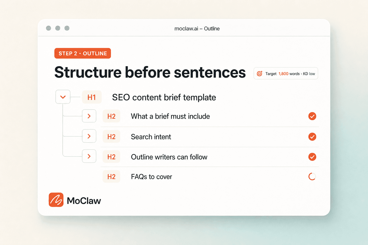 Step 2: MoClaw building an H2 outline for the content brief