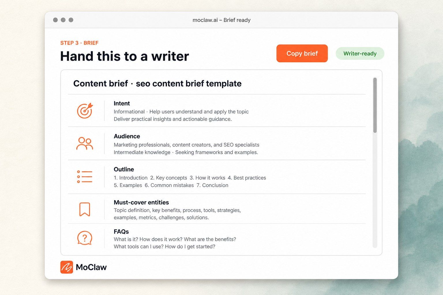 Step 3: finished SEO content brief document with sections