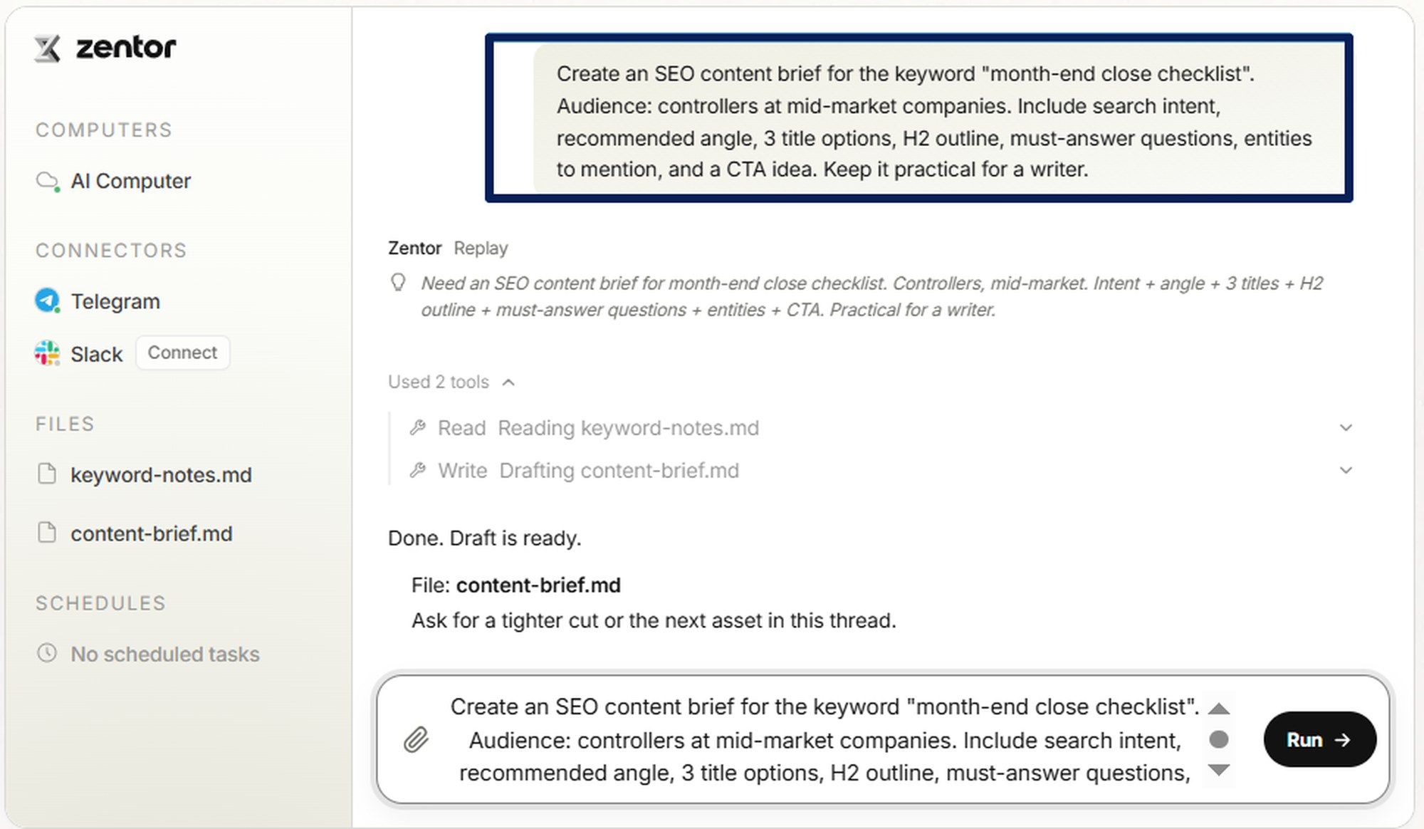 Zentor drafting content-brief.md from one keyword prompt, with the writer's source notes listed as a file beside it