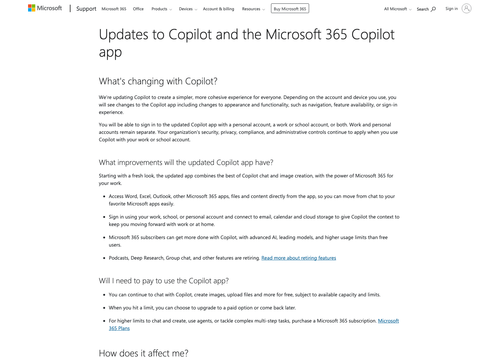 Microsoft's Copilot app updates page, captured August 14, 2026, listing Podcasts, Deep Research and Group chat among the retiring features as the consumer and business apps merge.