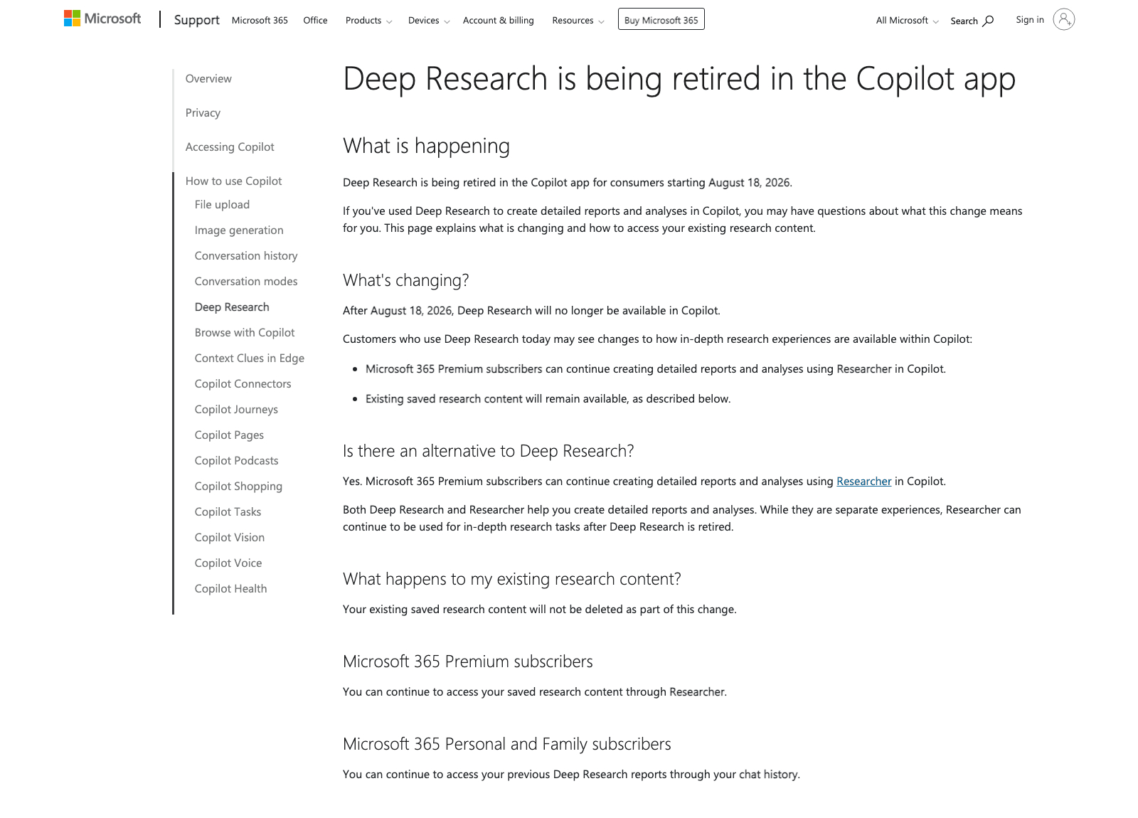 Microsoft's official retirement notice for Deep Research in the consumer Copilot app, captured August 14, 2026. The page names August 18 as the date and points Microsoft 365 Premium subscribers to Researcher.