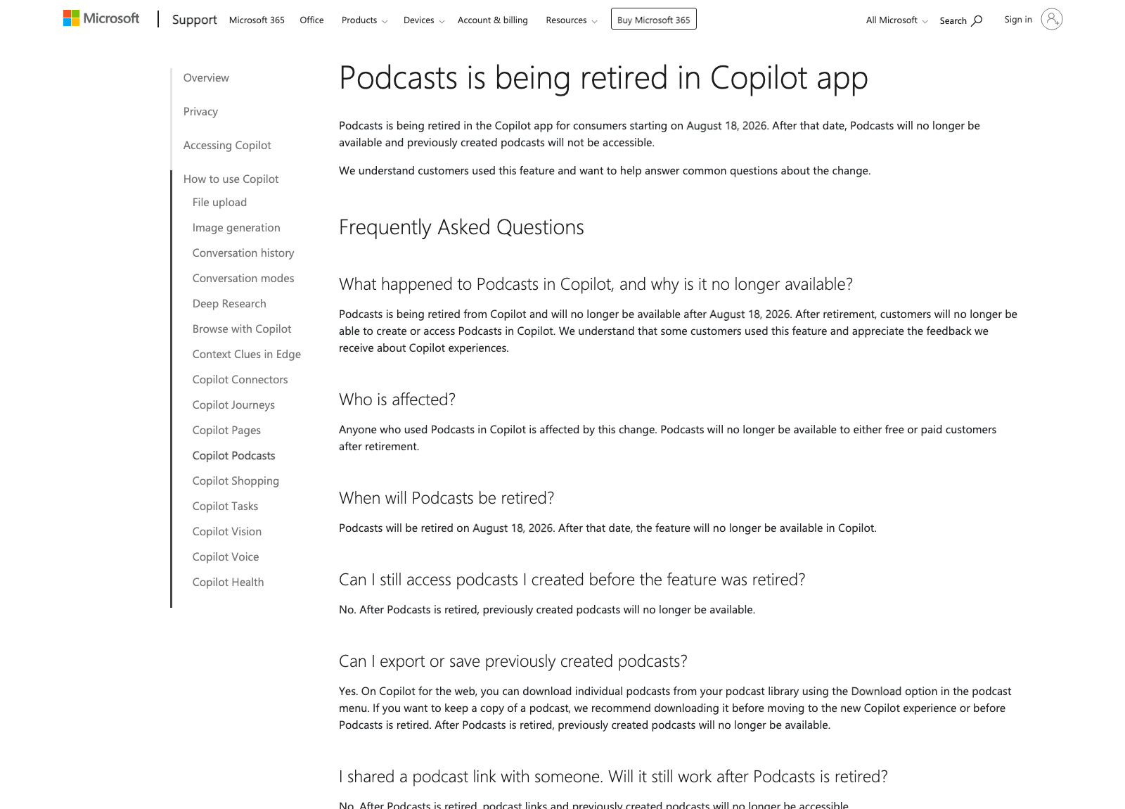 Microsoft's Podcasts retirement FAQ, captured August 14, 2026. The last visible answer confirms individual podcasts can be downloaded from the podcast library before the feature is retired.