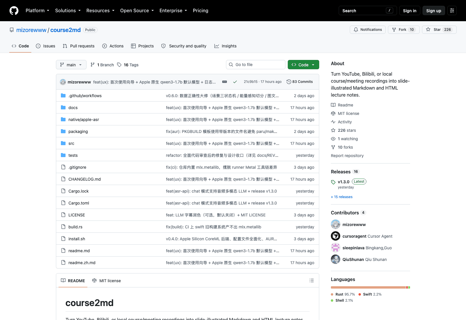 The course2md repository on GitHub: 226 stars, MIT licence, 16 releases with v1.3.0 latest, and a Rust-dominant language bar