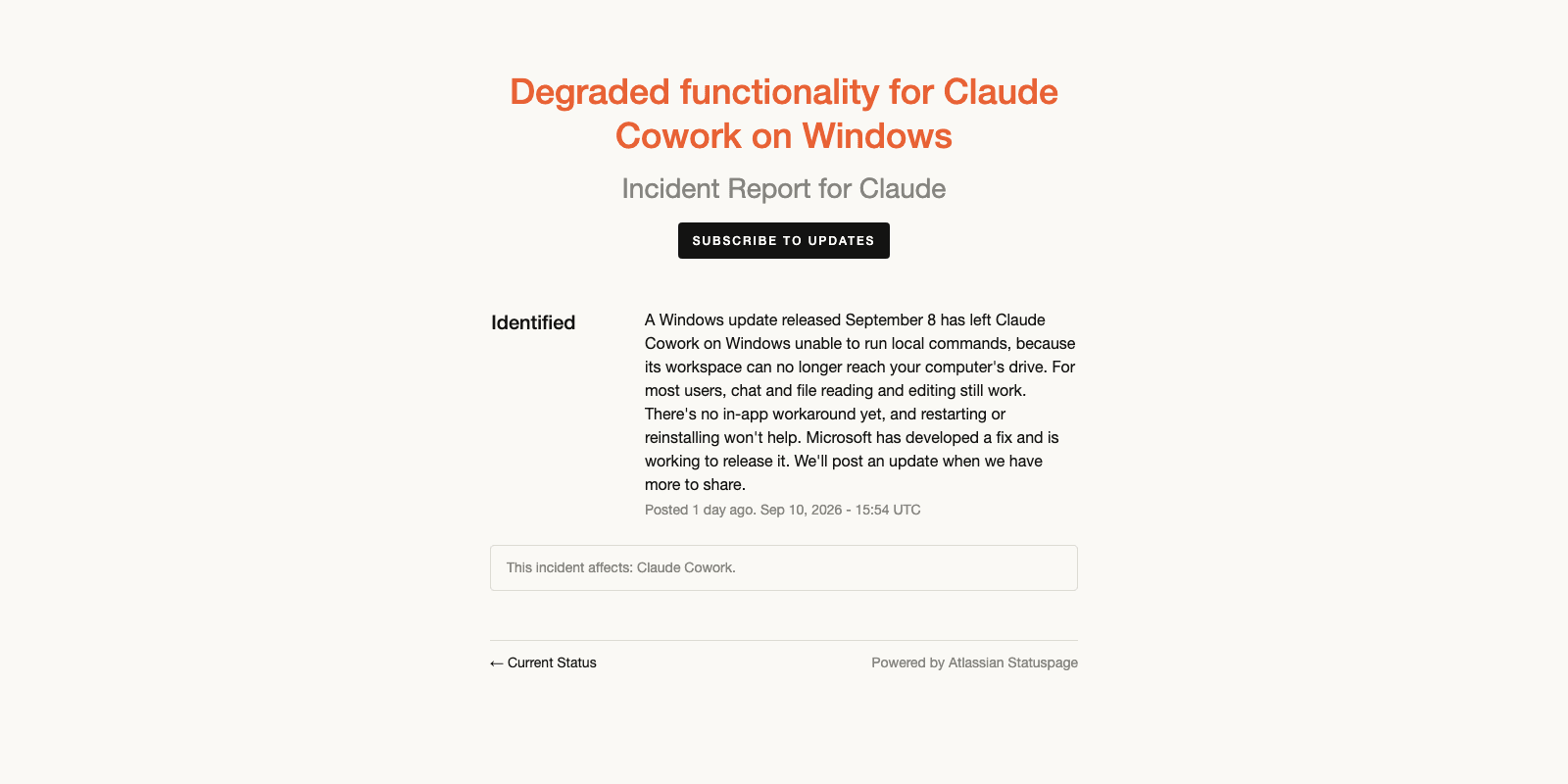 Anthropic's incident page for degraded Claude Cowork functionality on Windows, posted 10 September 2026 and still Identified