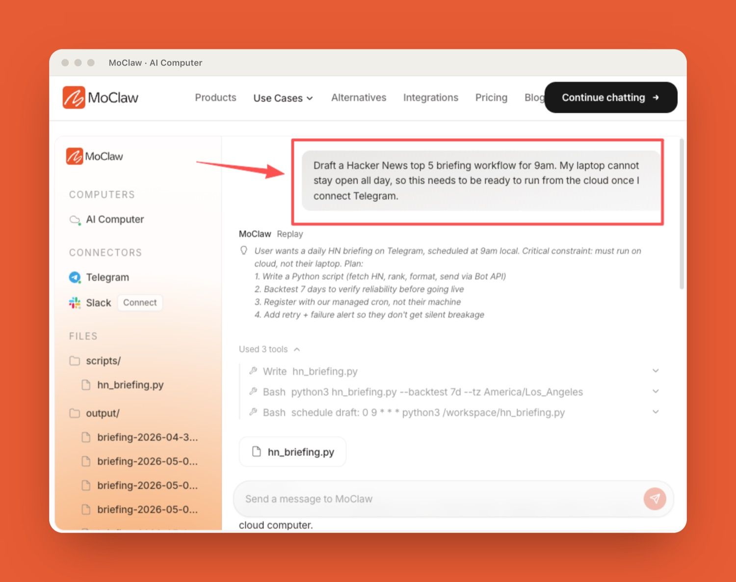 MoClaw running a recurring Hacker News briefing from the cloud after a single tagged request, not from a laptop that has to stay open