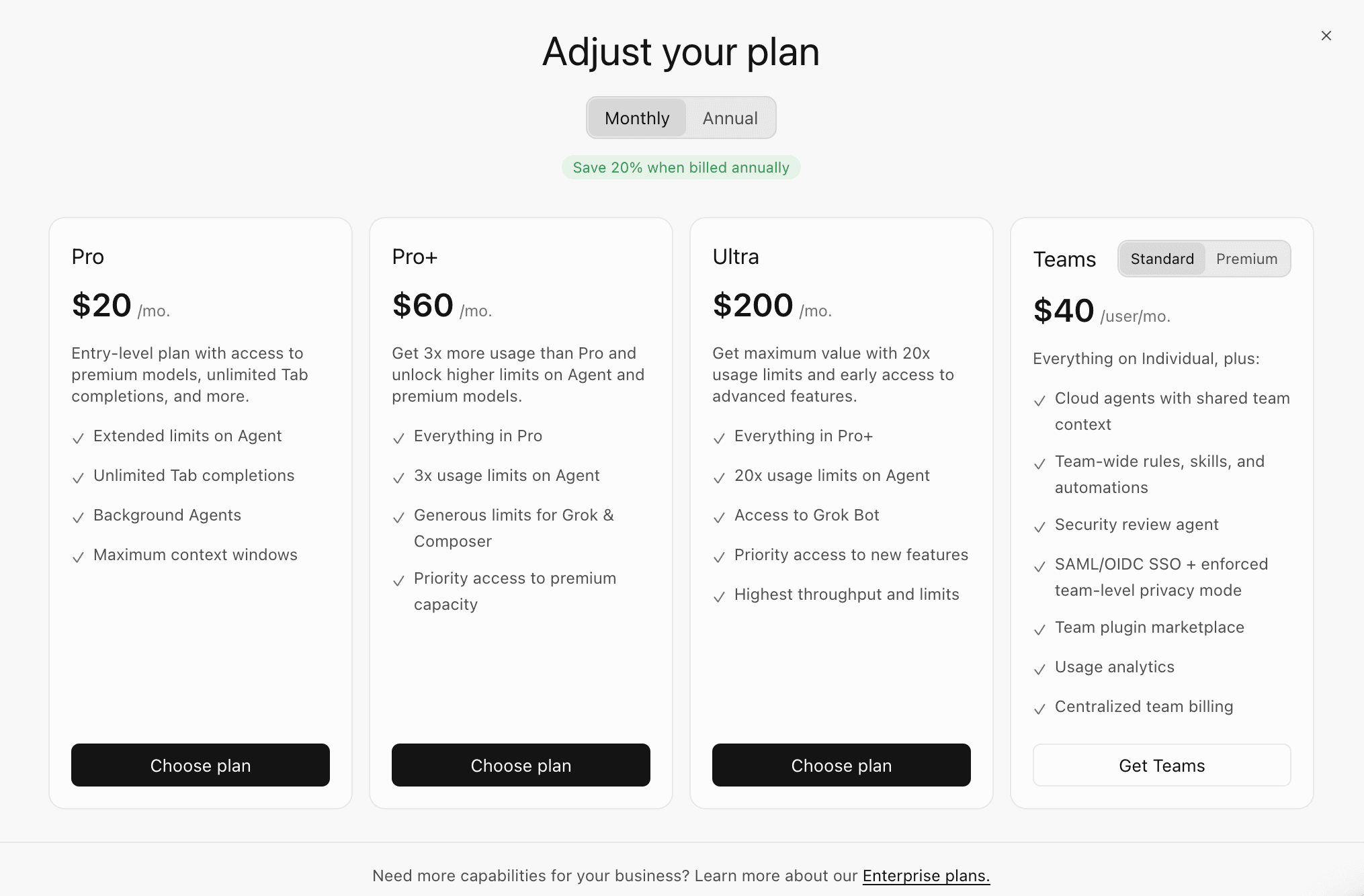 Cursor Adjust your plan: Ultra at $200 lists Access to Grok Bot; Pro and Pro+ do not