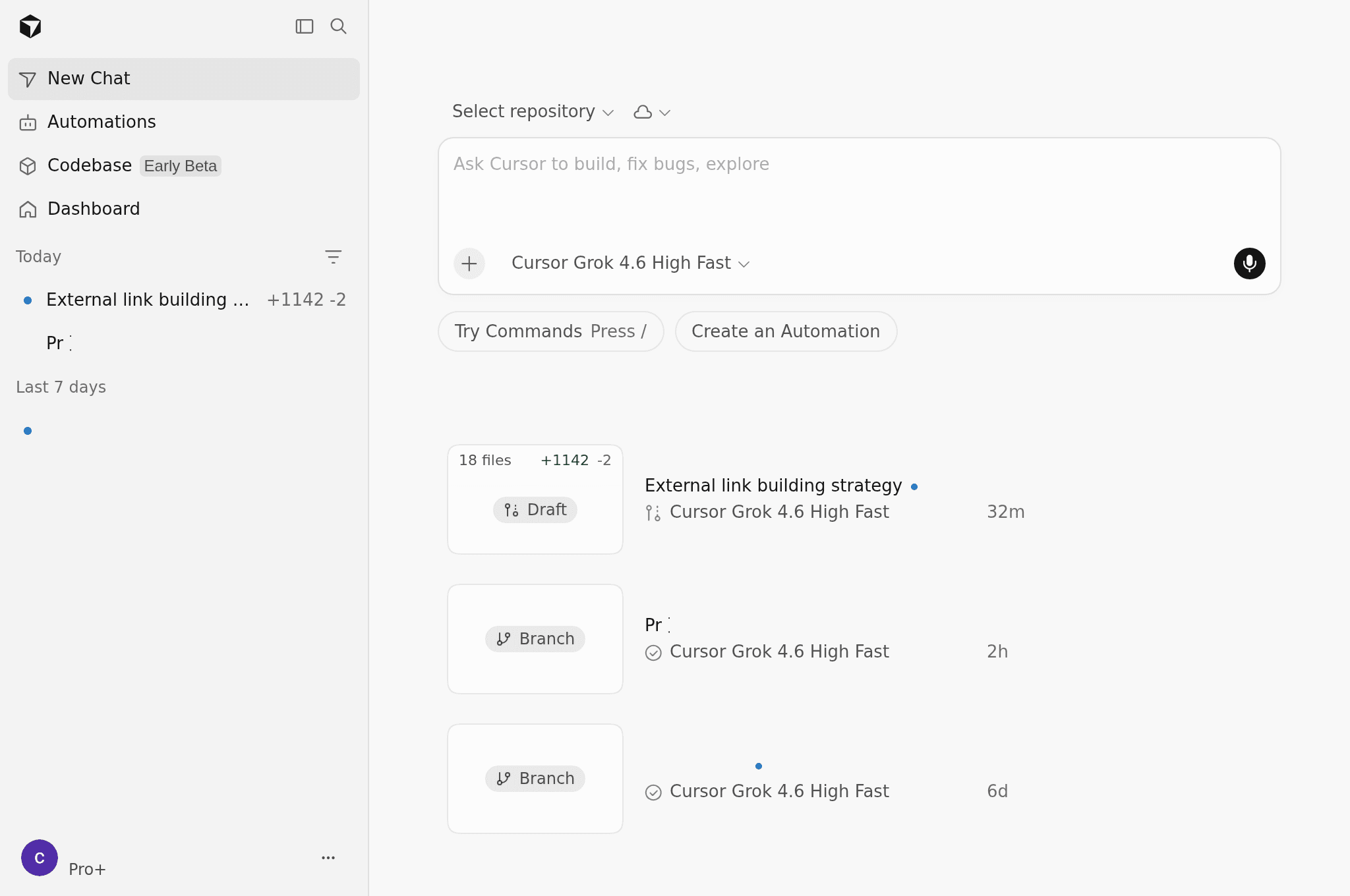 Cursor Agents dashboard: start a cloud coding agent from the browser, with recent runs and a repository picker