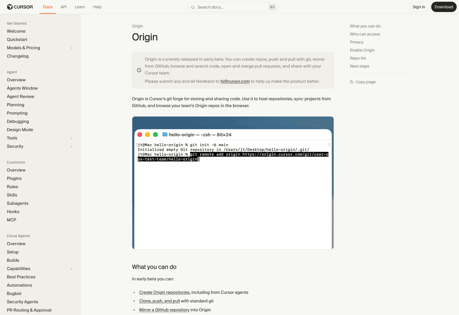 Cursor's Origin documentation showing the early-beta scope and the standard git remote, origin.cursor.com, used to push and pull.