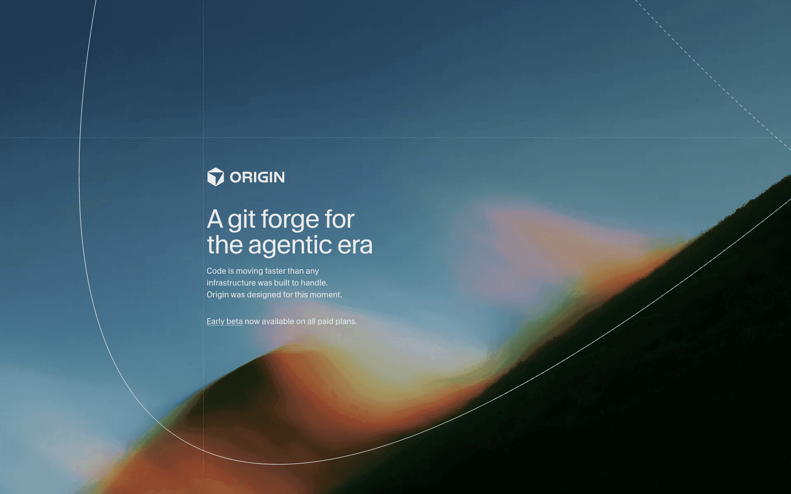Cursor's Origin landing page, live as of August 19, 2026: "A git forge for the agentic era," with early beta availability limited to paid plans.