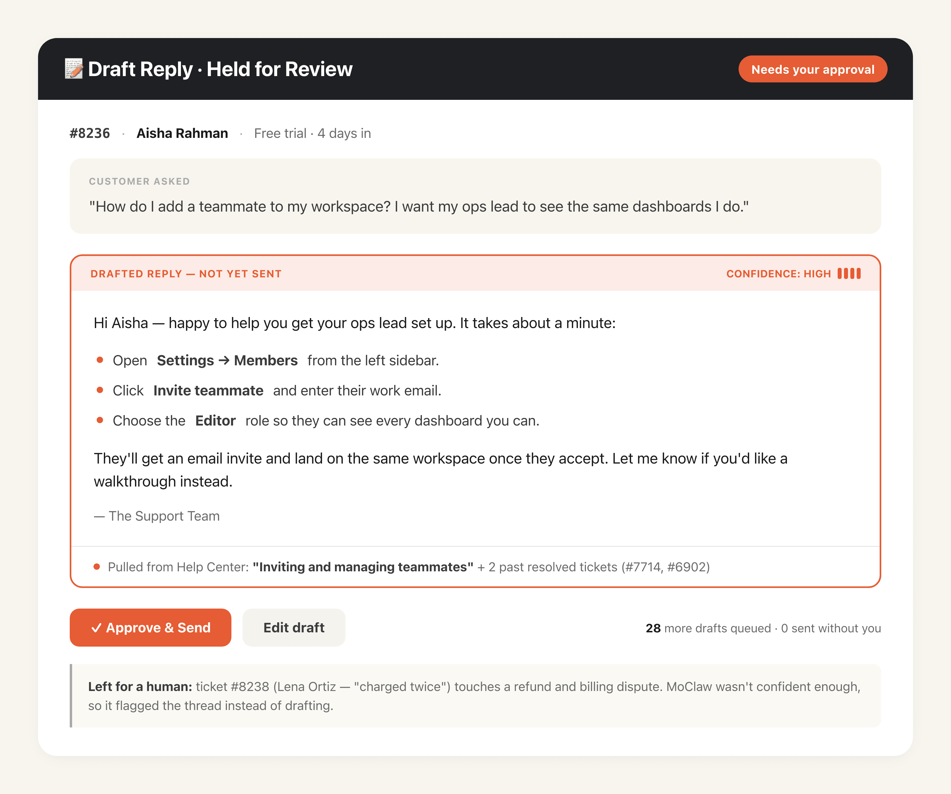 Draft Replies From Your Help Docs output preview
