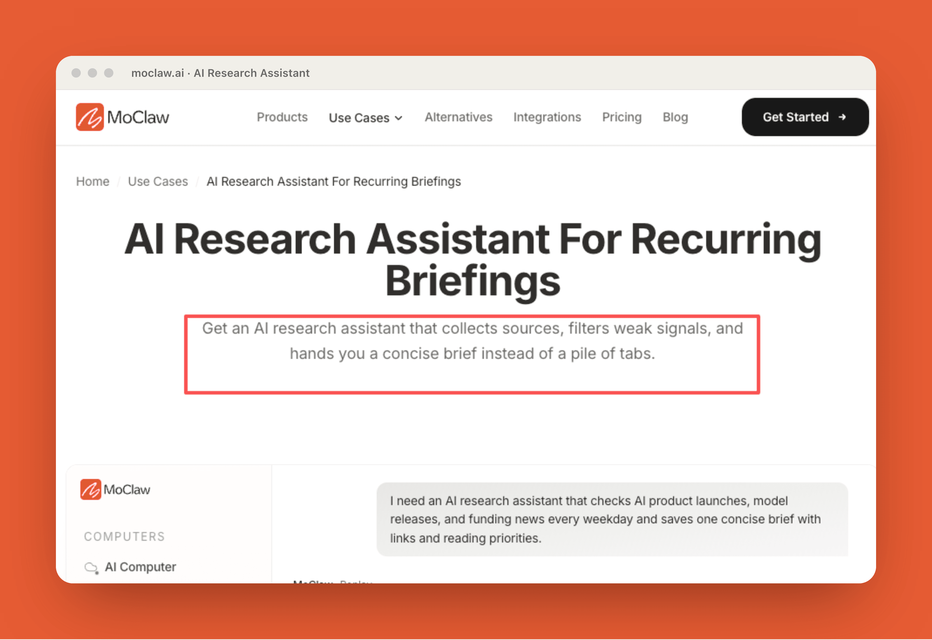 MoClaw AI research assistant showing source logs and recurring briefs