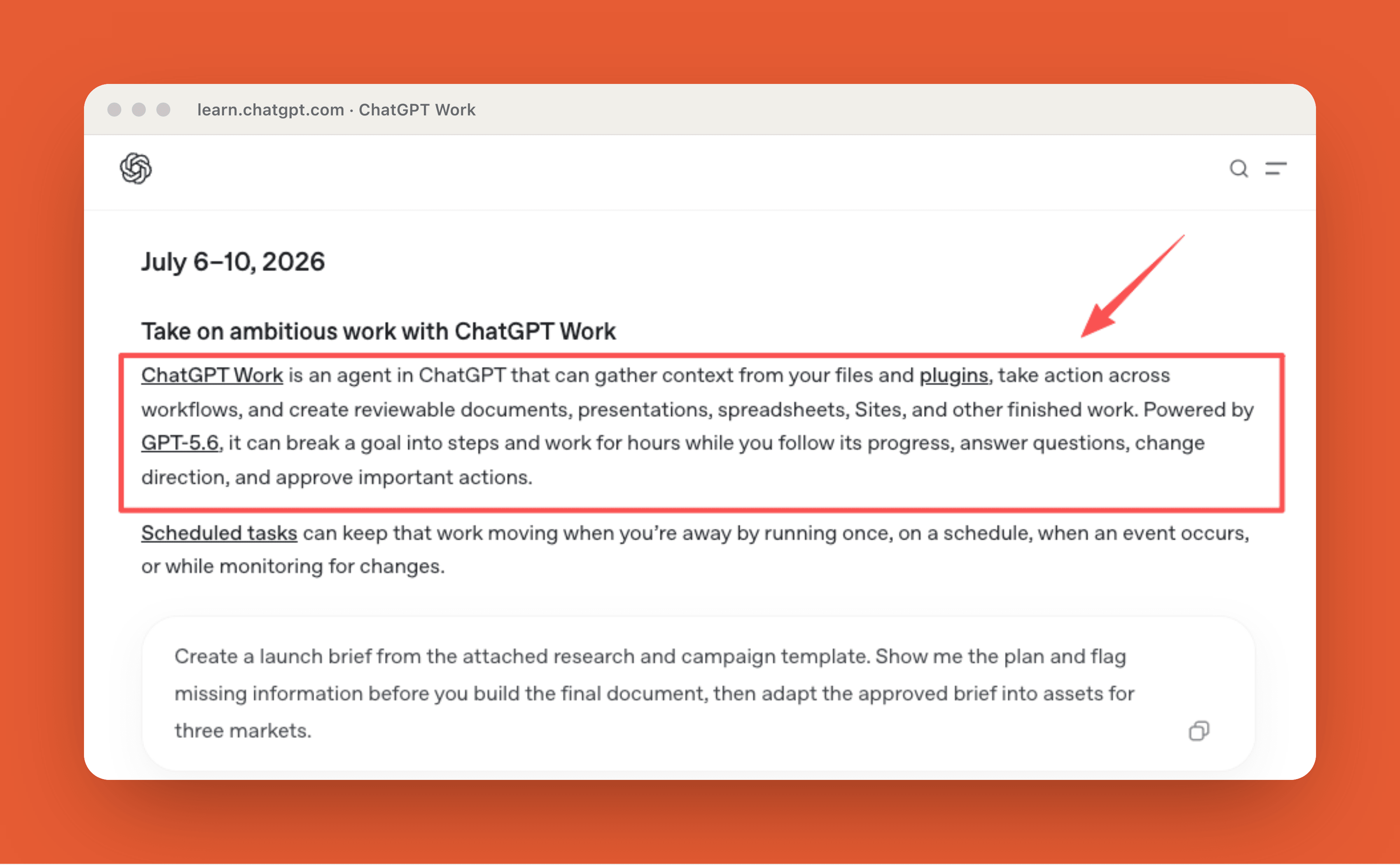 ChatGPT Work described as a GPT-5.6 agent in OpenAI's feature digest