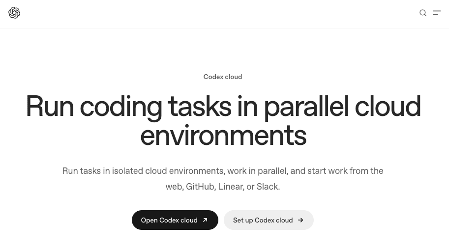 OpenAI Codex cloud page: run coding tasks in parallel, isolated cloud environments and return diffs before merge