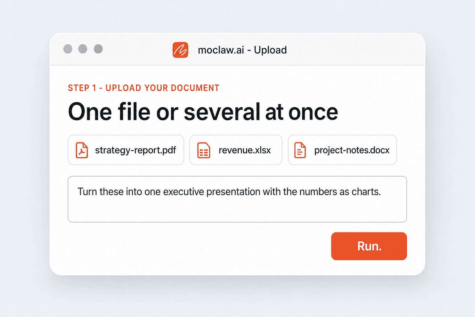 MoClaw screen with a report, a spreadsheet, and notes attached in one upload