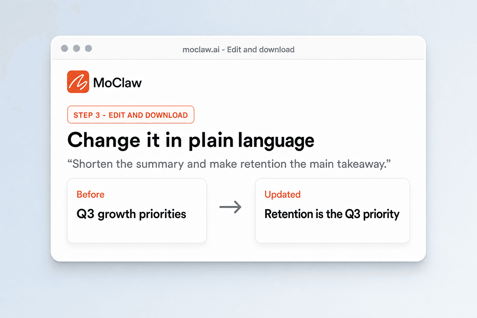 A summary slide being rewritten in plain language, shown before and after the change