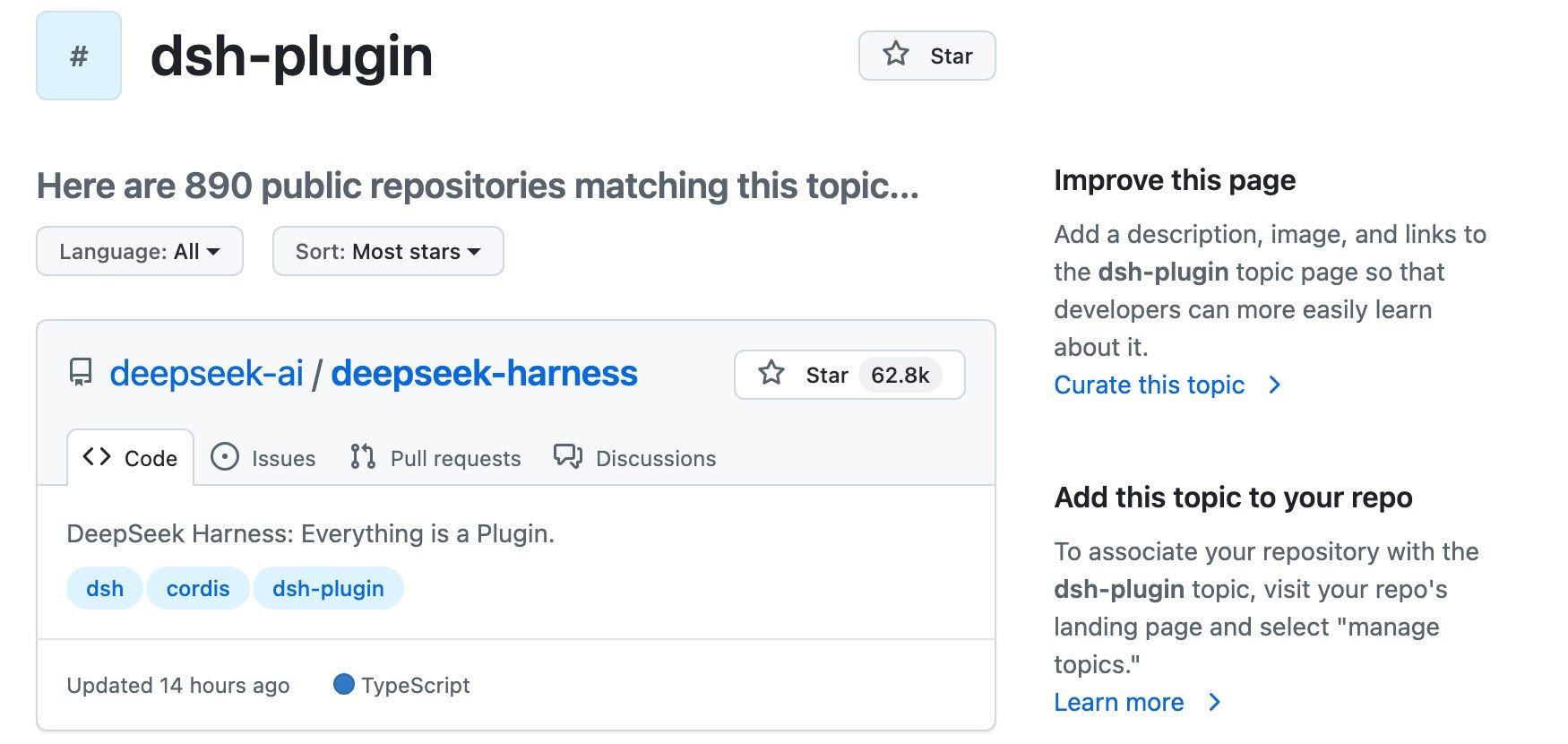 The GitHub dsh-plugin topic page listing 890 public repositories one day after DeepSeek Harness went public