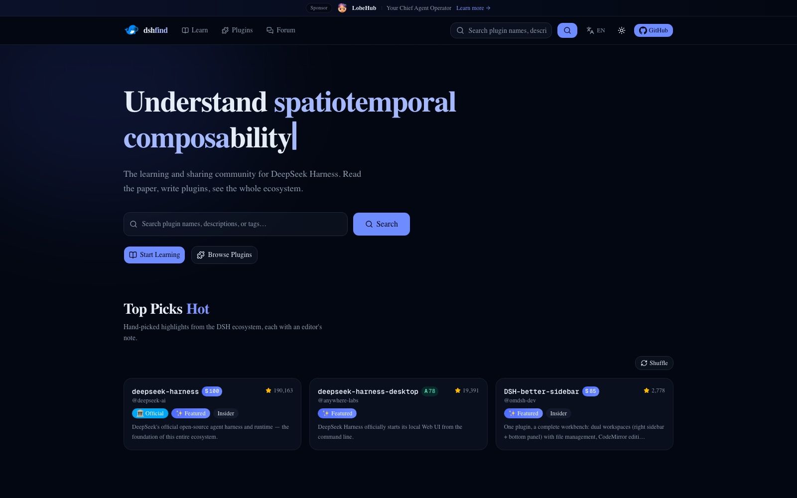 The dshfind.com directory for DeepSeek Harness plugins, showing deepseek-harness itself at 190,163 stars alongside deepseek-harness-desktop and DSH-better-sidebar in the editor-picked Top Picks row