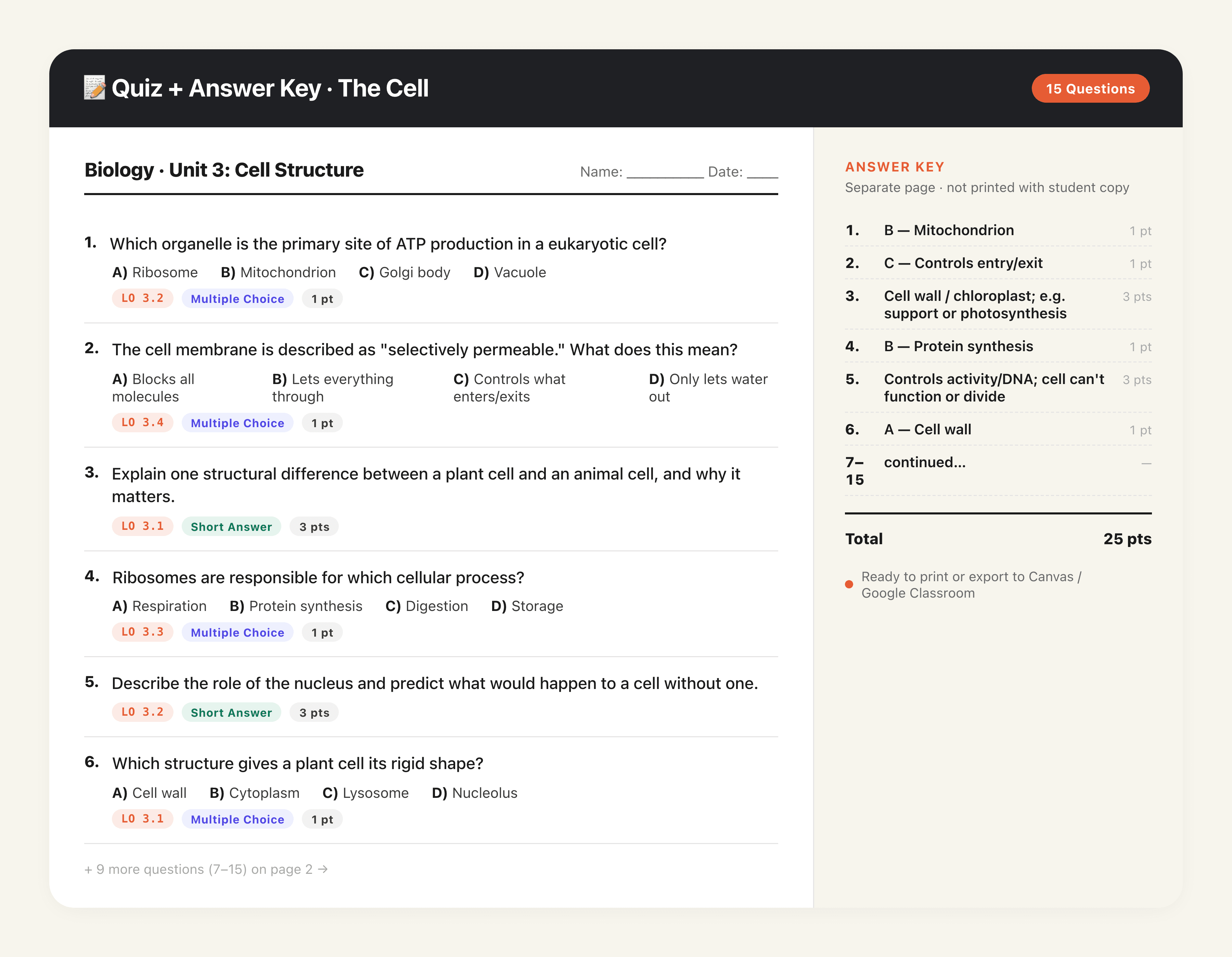 Quiz and Answer Key from Material output preview