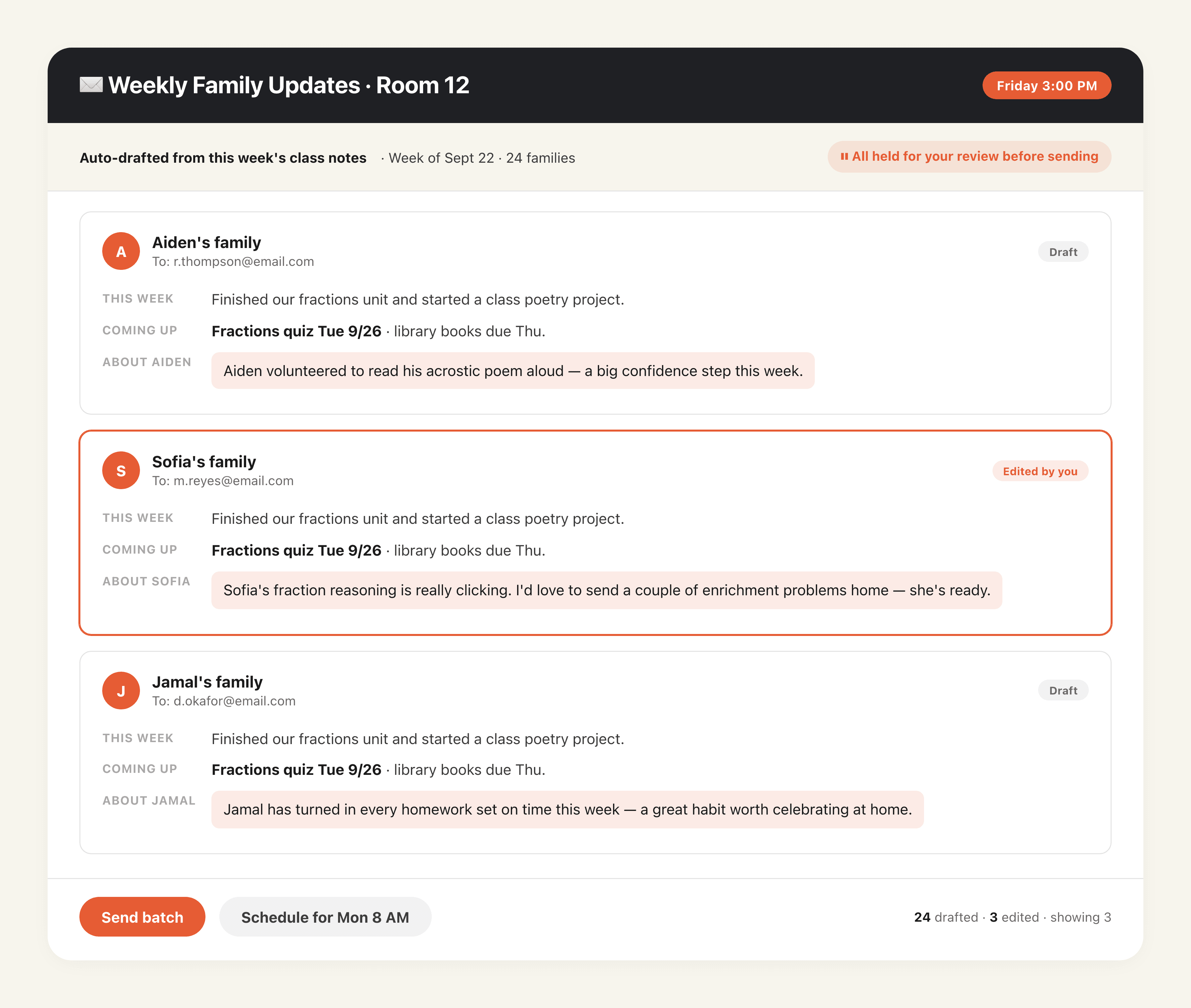 Weekly Parent Update, Drafted for Approval output preview