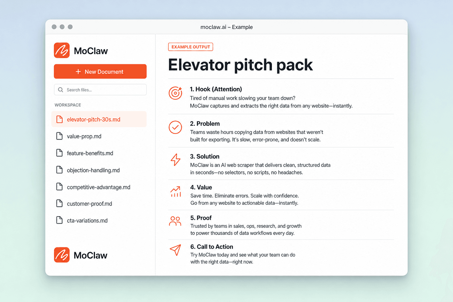 Example elevator pitch output with hook, offer, and ask