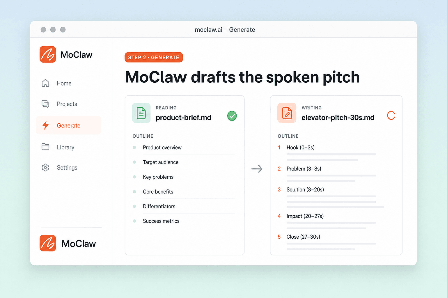 Step 2: MoClaw drafting a timed elevator pitch