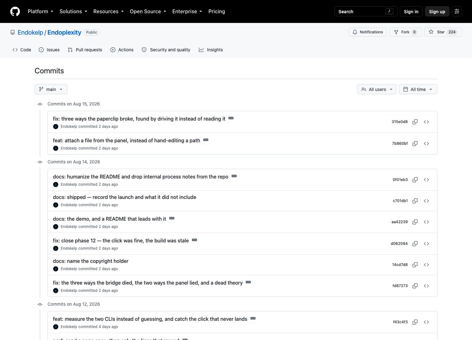 Commit messages from 14 and 15 August 2026, including the one that rewrote the README for an outside audience two days before anyone read it.