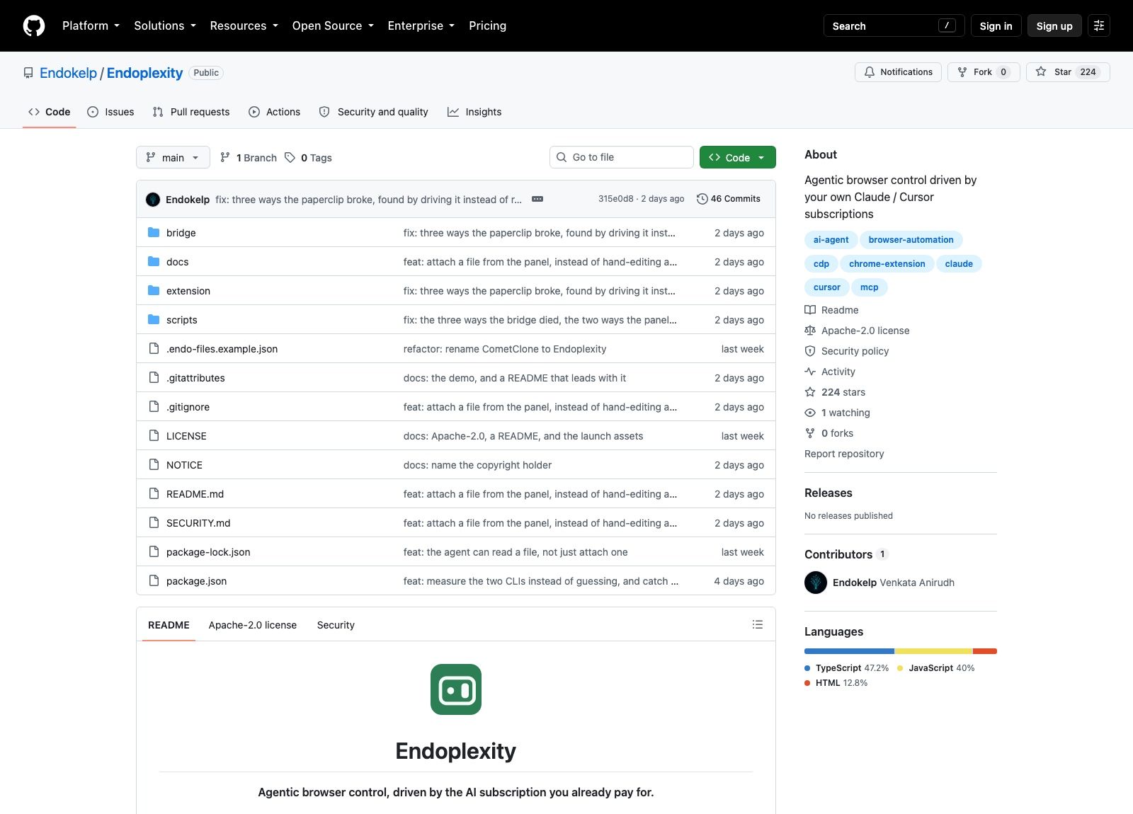 Endoplexity's repository three days after launch: 224 stars against zero forks, one watcher and no published releases, with Apache-2.0 and a security policy already in place.