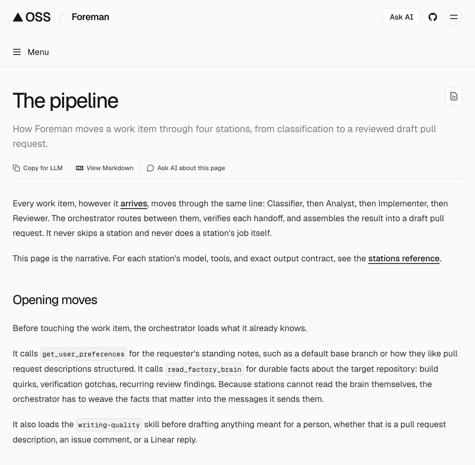 The pipeline documentation on ask-foreman.dev showing the orchestrator's opening moves: it loads user preferences and the factory brain before touching the work item, because the stations cannot read either themselves.