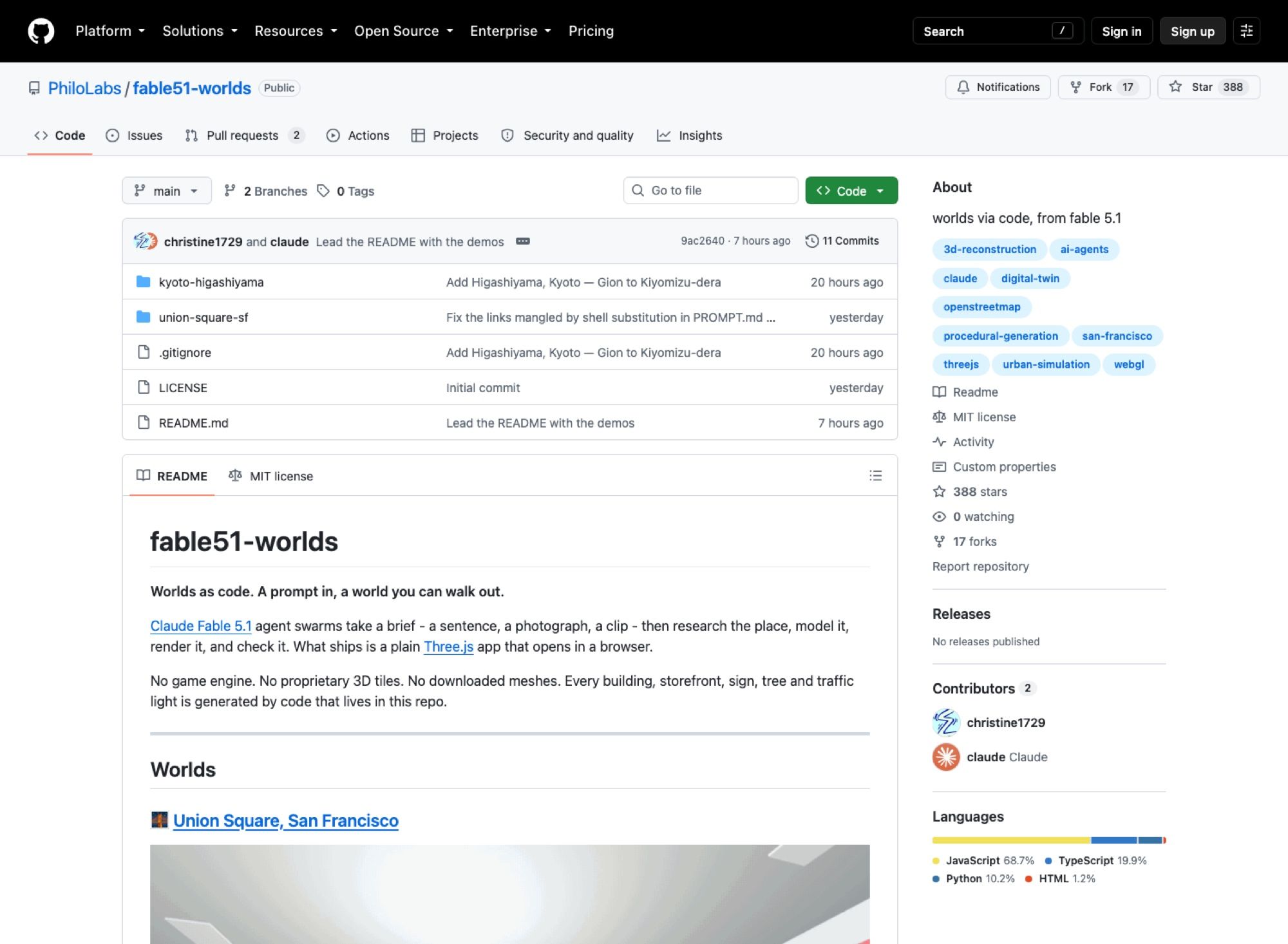 The PhiloLabs/fable51-worlds repository on GitHub: MIT licence, 388 stars, eleven commits, and topic tags for three.js, procedural generation, digital-twin and openstreetmap