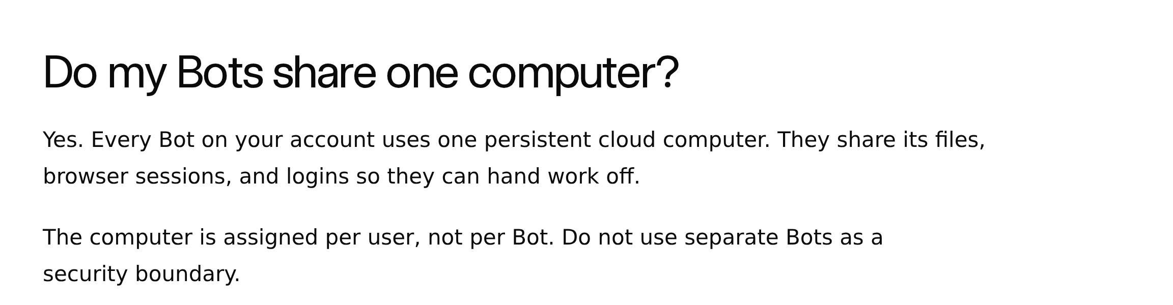 Grok Bot FAQ: every Bot on an account shares one persistent cloud computer