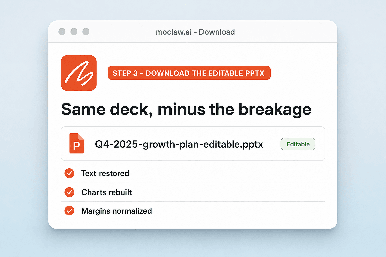 The repaired PowerPoint file listed with its editable text, charts, and normalized margins
