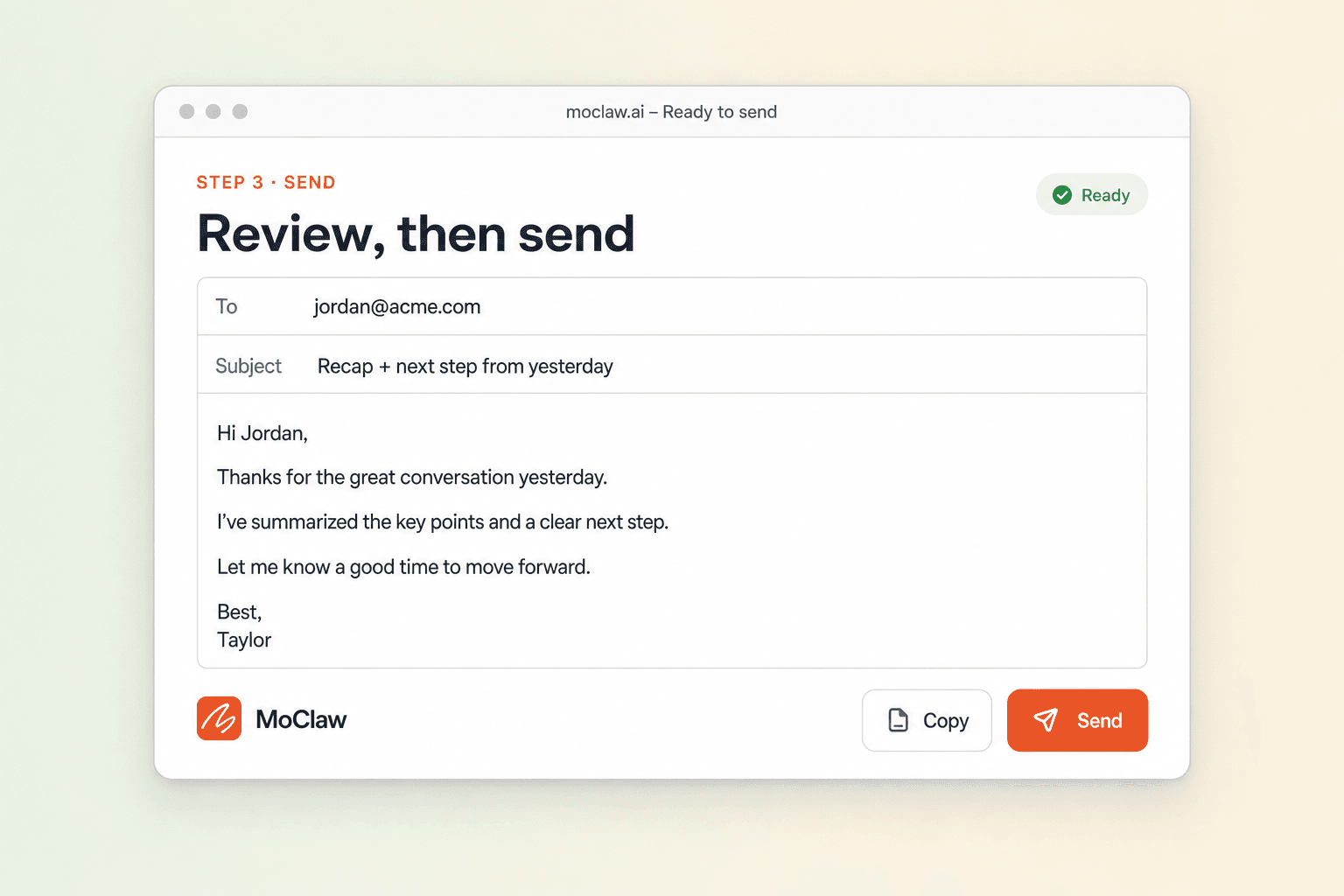 Step 3: follow-up email ready to send in the compose window