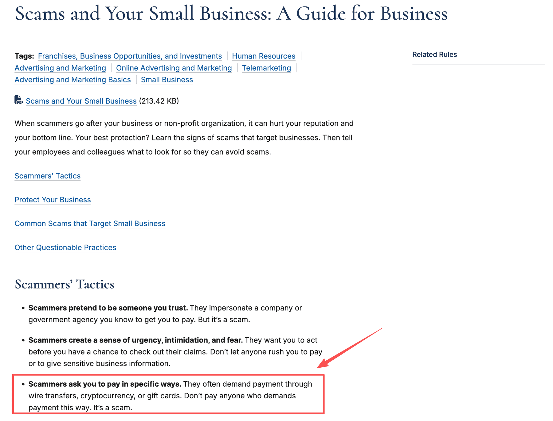 FTC guidance flags wire transfers, cryptocurrency, and gift cards as scam payment demands.