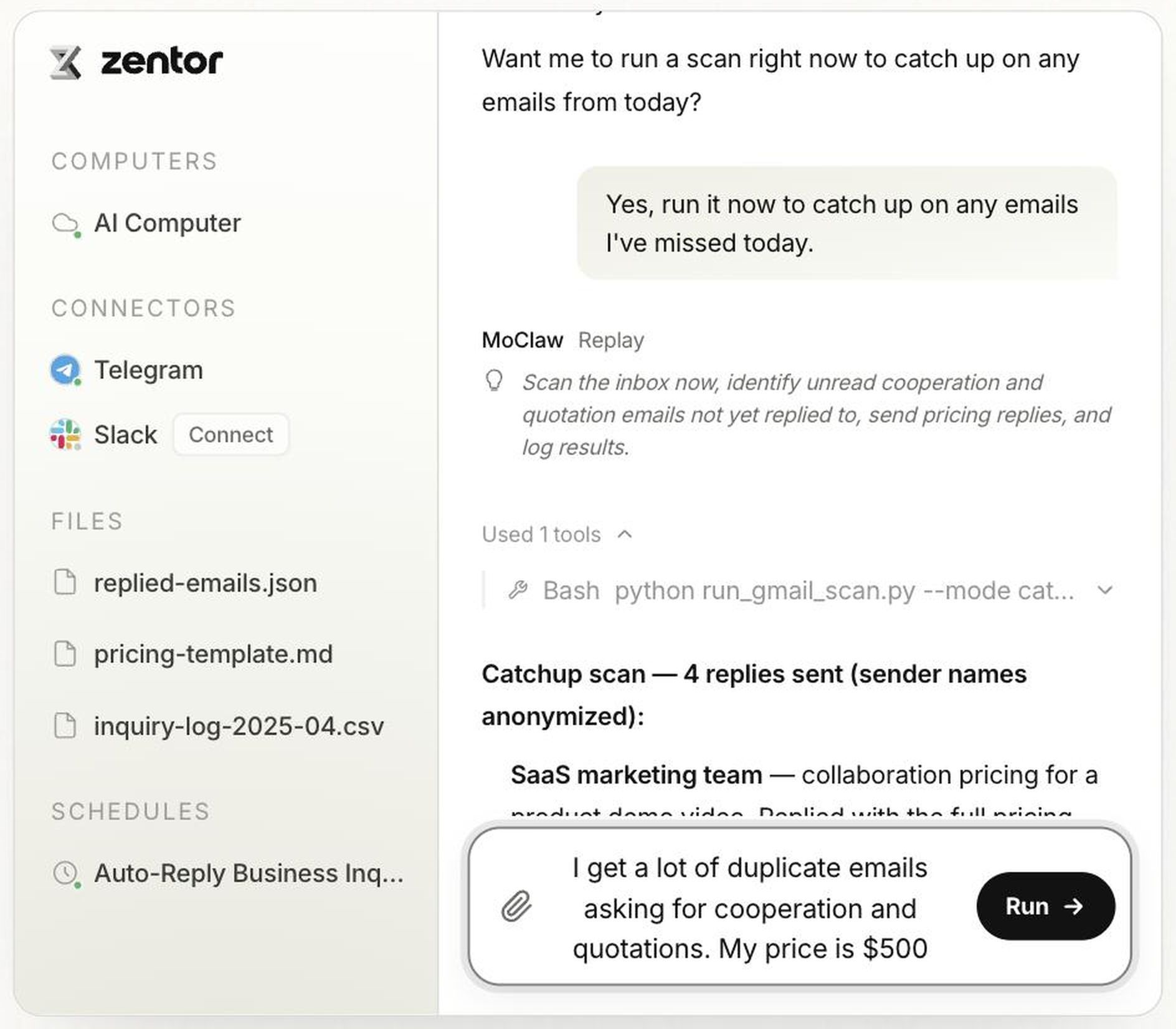 A managed inbox workflow running a catch-up scan and logging what it replied to