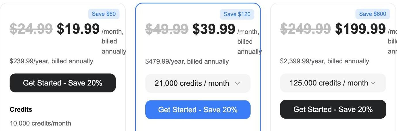 Genspark's three annual tiers on 11 August 2026: $19.99, $39.99 and $199.99 a month billed annually, carrying 10,000, 21,000 and 125,000 credits, each against a struck-through rate.