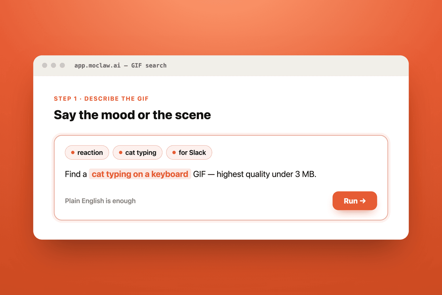 MoClaw chat input describing a cat typing GIF in plain English
