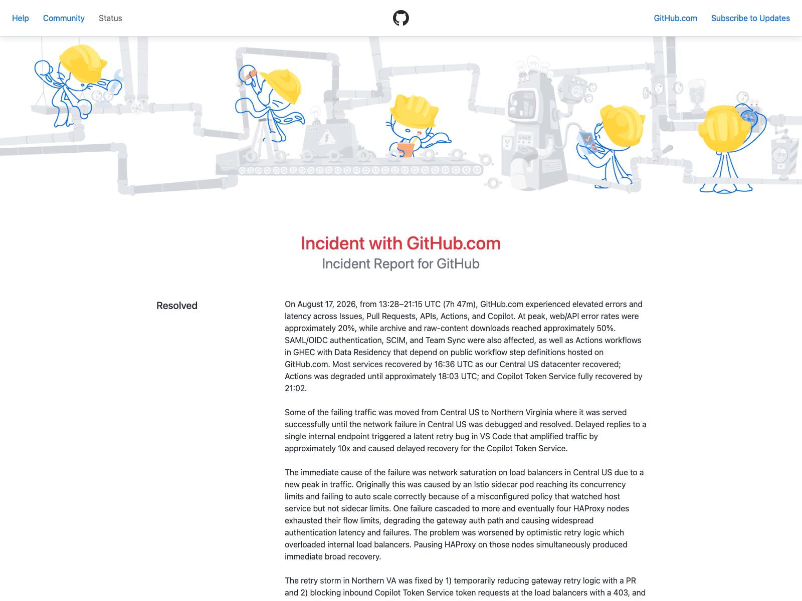 GitHub's published incident report for the August 17, 2026 outage: 13:28-21:15 UTC, roughly 20% error rates on web and API, with Actions degraded until 18:03 and the Copilot Token Service not fully recovered until 21:02.