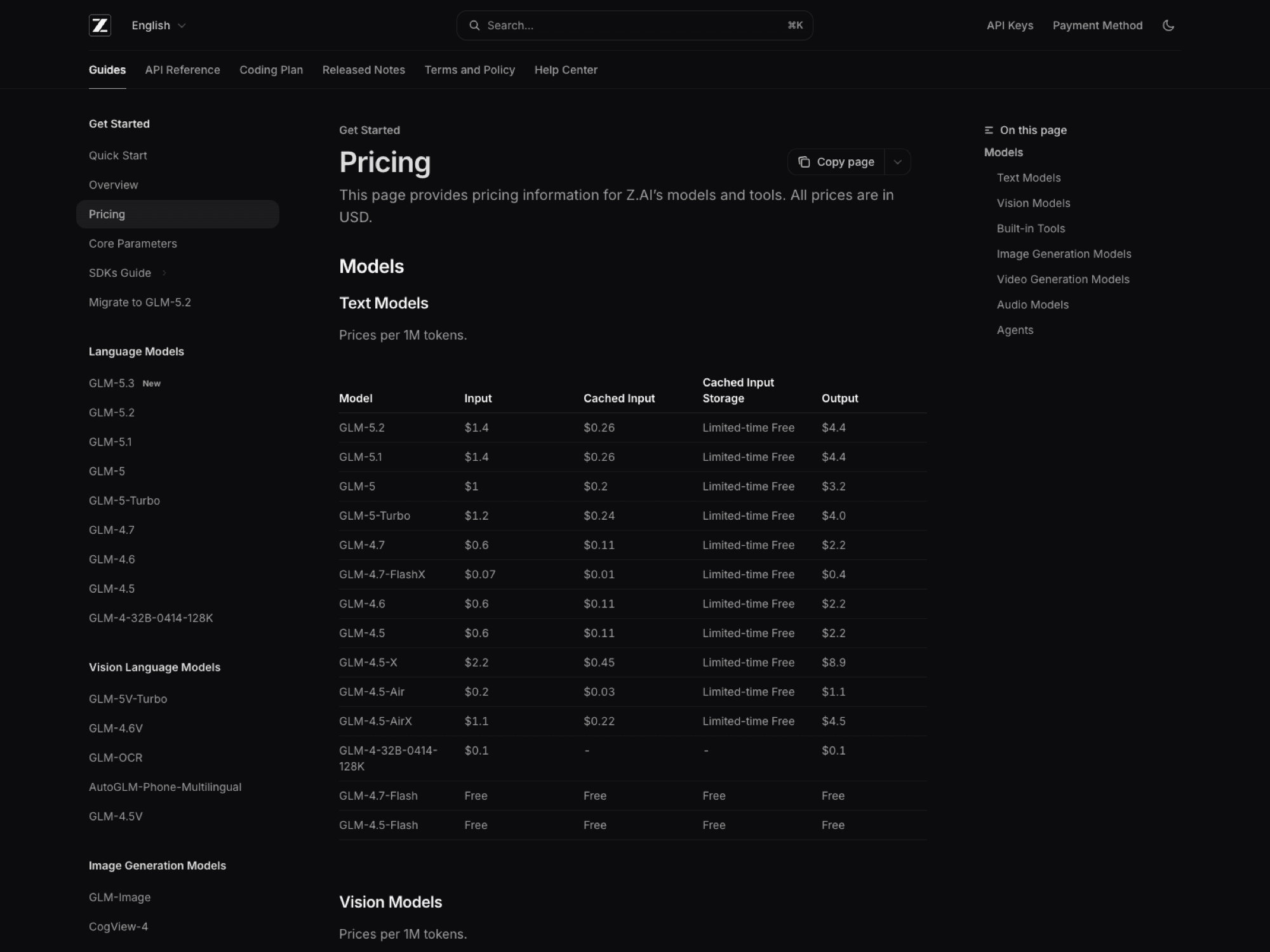Z.ai's official pricing table on 15 August 2026, listing GLM-5.2 at $1.4 input, $0.26 cached input and $4.4 output per million tokens